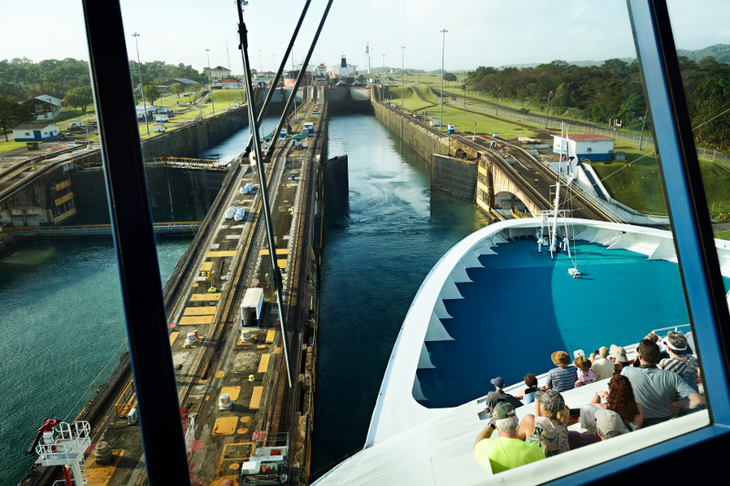 Panama Canal Gatun Locks view from cruise ship. Ship deck, canal transit, 5 star cruise.
