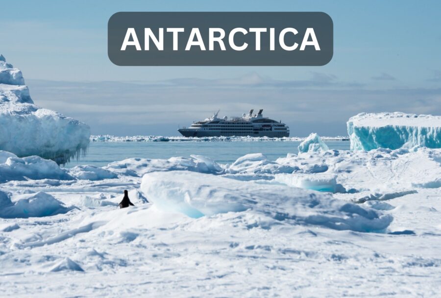 Ship in background in Antarctica taken from land with penguin 