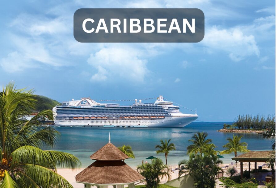 Caribbean Island with Palm trees and beach hut with Princess Ship in the sea