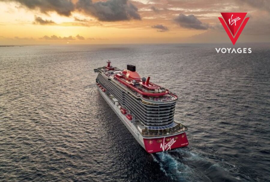 Virgin Voyages Scarlet Lady Ship at sea heading into the sunset