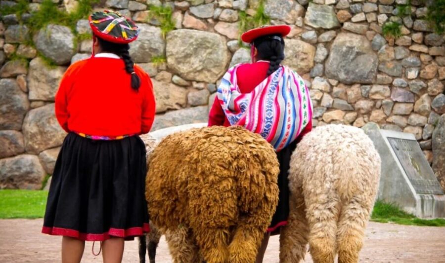 Peruvian women in traditional dress with alpacas. Colourful textiles, stone wall background. Cultural tourism.
