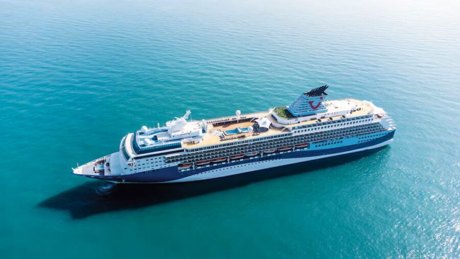 Marella Explorer 2 cruise ship at sea. Aerial view, all-inclusive cruise. Ocean travel, holiday escape.