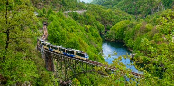 The Centovalli Train crossing a high bridge over a river, surrounded by a lush green valley on the scenic route between Italy and Switzerland.